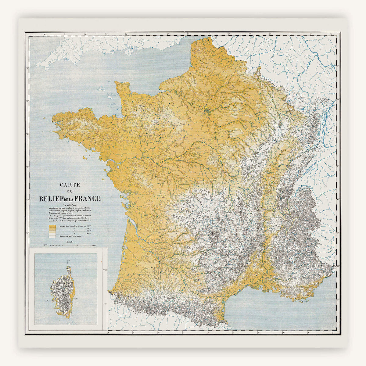Carte de France Vintage - Relief, Fleuves et Villes - Translucide Plastique