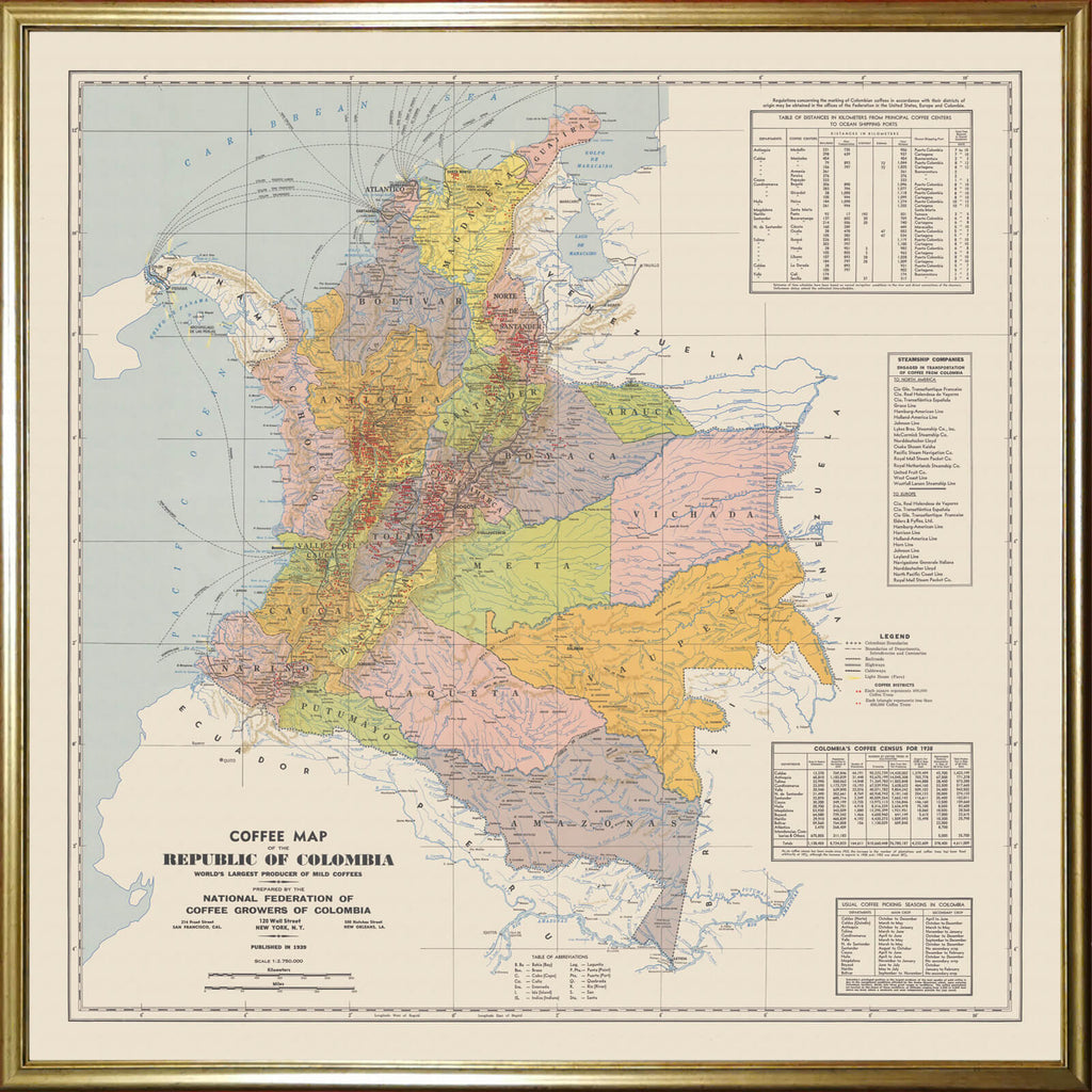 Affiche ancienne Colombie (map of coffee) 1939 - Cartopolo