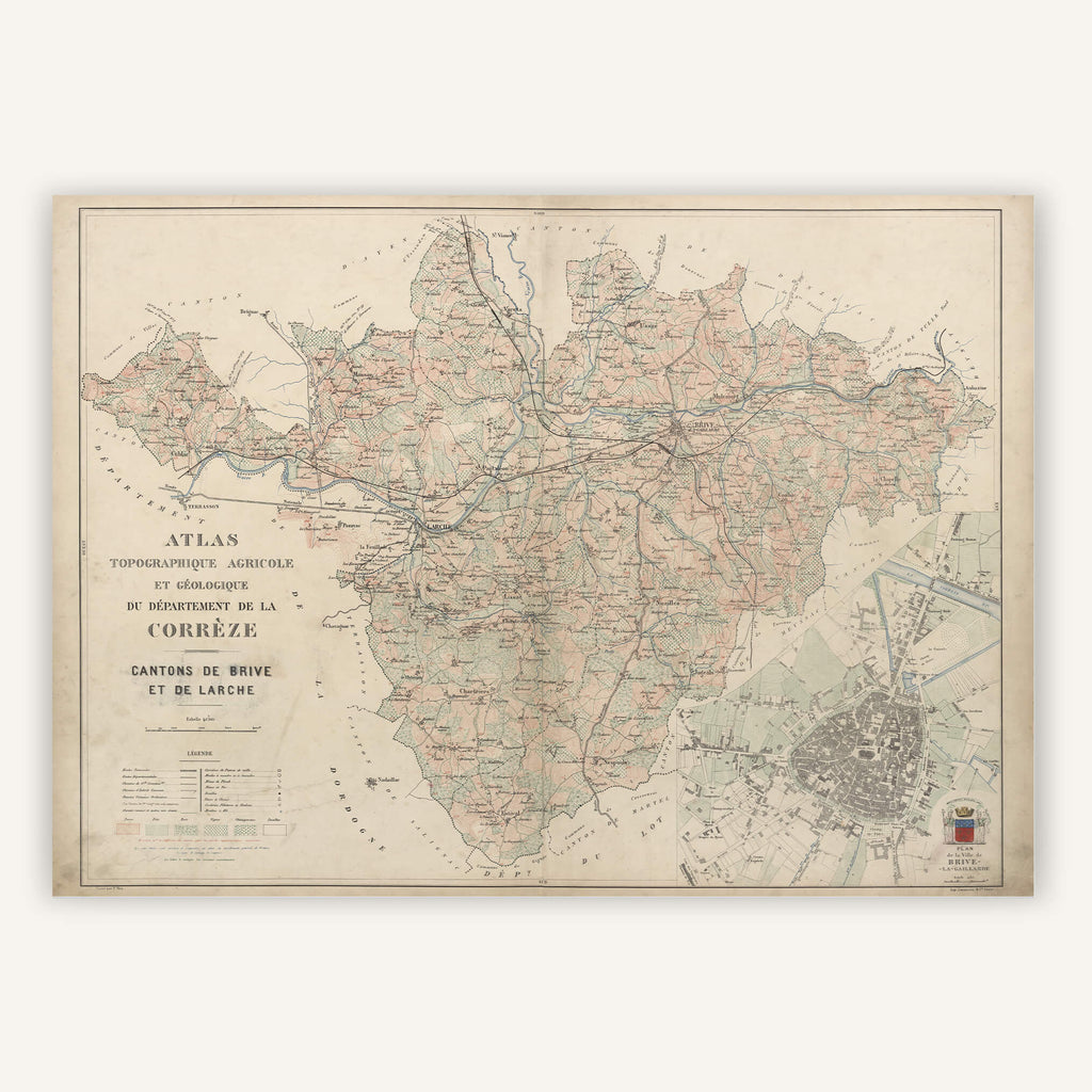 Affiche ancienne Corrèze Topographique, Agricole et Géologique 1875 - Cartopolo