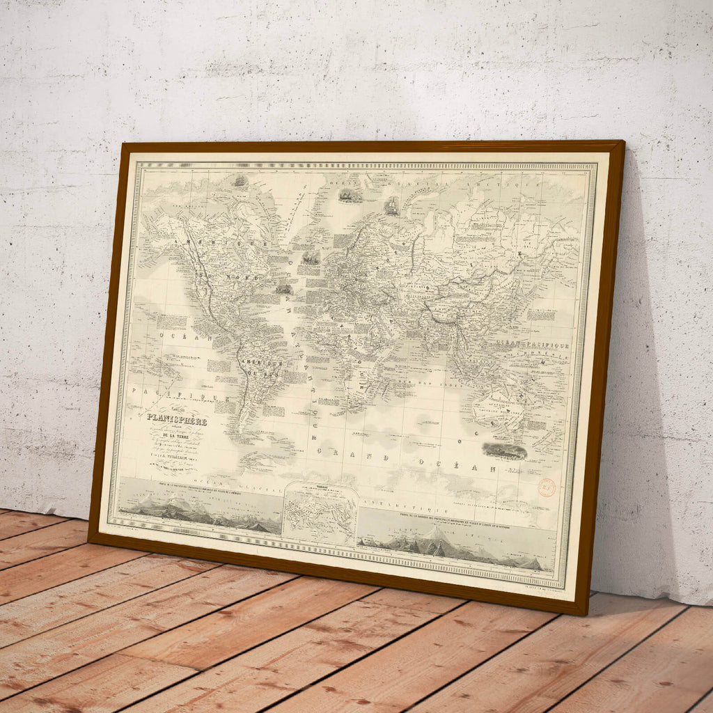 Affiche ancienne Mappemonde (division physique et politiques) 1852 - Cartopolo