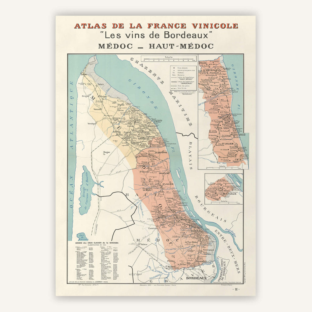 Affiche vintage "Les vins de Bordeaux" - Médoc, Haut-Médoc 1947 - Cartopolo