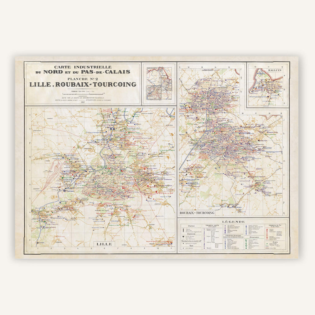 Carte Nord - Pas - de - Calais - Lille, Roubaix, Tourcoing (carte industrielle) 1927 - Cartopolo